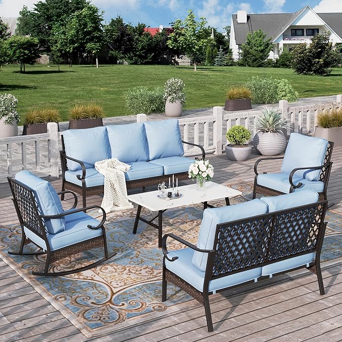 HERA'S HOUSE 5 Piece Metal Patio Furniture Set, 7 Seats All Weather Outdoor Conversation Set, 3 Seat Sofa with Loveseat, 2 Rocking Chairs, Coffee Table for Backyard, Garden, Deck, Blue