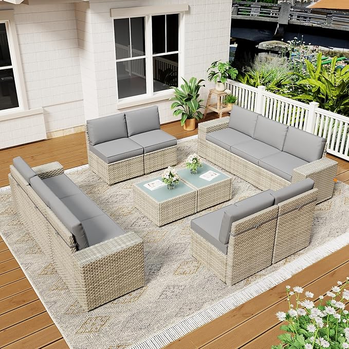 12 Piece Patio Furniture Set, 8" Wide Arm Sectional Sofa Set with Coffee Table, High-Back All-Weather Rattan Outdoor Conversation Set for Garden, Porch, Lawn, Gray