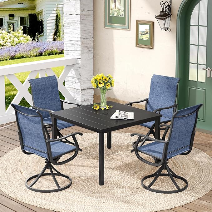 DIFY Patio Table and Chairs Set for 4, 5 Piece Outdoor Dining Set, 40.2" Black Square Metal Dining Table with Umbrella Hole and 4 Blue Textilene Swivel Patio Chairs, for Garden Backyard Deck