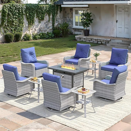 10-Piece Outdoor Conversation Set with 43" Fire Pit Table, 6 Swivel Rocking Chairs (4" Cushions) & 3 Side Tables, All-Weather PE Rattan & Steel Frame for Porch, Deck, Backyard, Blue