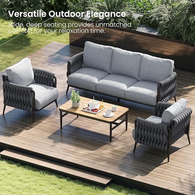 Outdoor Patio Furniture Set, Outdoor 5-Seat Sofa with Coffee Table, Waterproof Thick Cushion Patio Conversation Set, All Weather Outdoor Couch Set for Deck, Lawn, Balcony, Porch