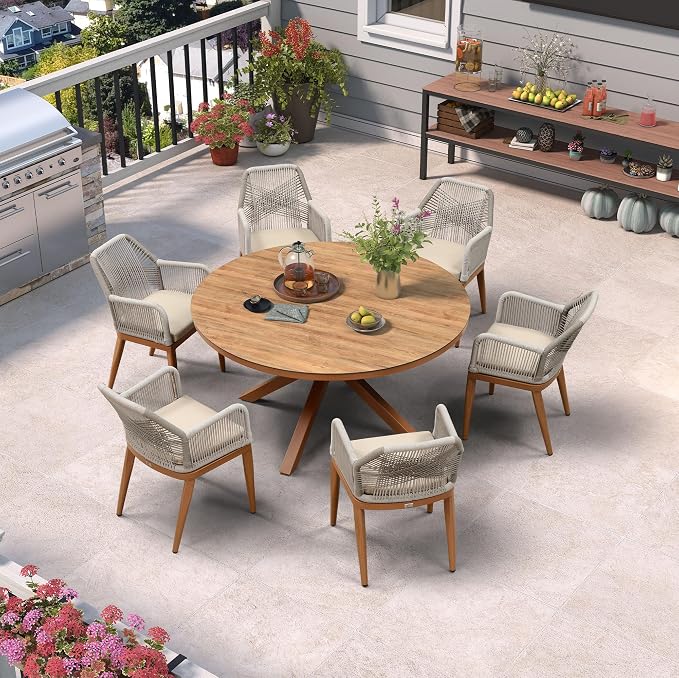 PURPLE LEAF 7 Pieces Patio Round Dining Set Aluminum Round Table and Rattan Arm Chairs with Cushions for Kitchen Porch Garden Modern Outdoor Furniture Sets