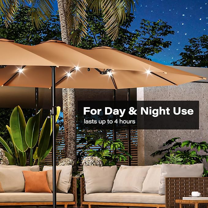 EO Living 13ft Large Patio Umbrella with Solar Lights, Double-Sided Rectangle Outdoor Umbrella with Base Included, 24 LED Lights Table Umbrella for Poolside Deck Market (Beige)