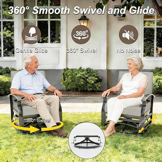 Gotland 5 Piece Patio Set, Aluminum Outdoor Swivel Chairs Set with 48’’ Round Fire Pit 5.1’’ High-Resilience Seat Cushions 29.5" Deep Seating, Metal Patio Furniture Set Patio Conversation Sets, Grey