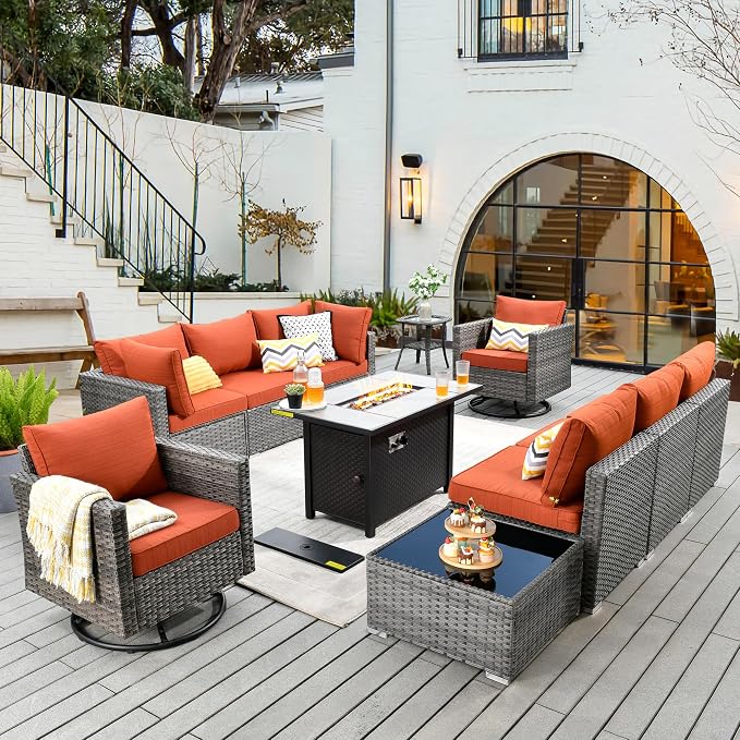 CAODOC 11 Piece Outdoor Patio Furniture Set with 42" Fire Pit Table, Wicker Sectional Conversation Set Whit Swivel Chairs,Modern Outside Sofa for Balcony Backyard(Red)
