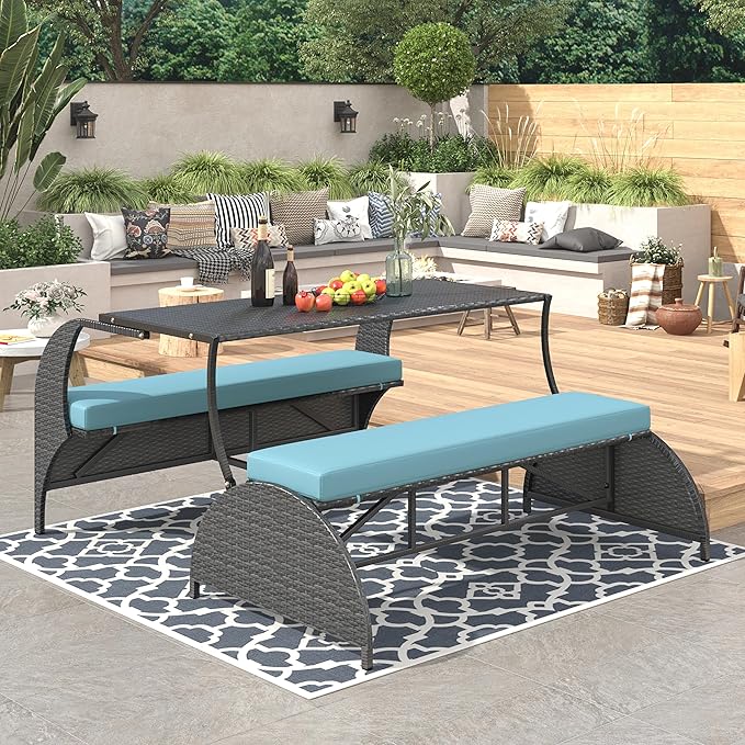 Merax Outdoor Rattan Loveseat, Patio Conversation Sets, Convertible to Four Seats with Table Sofa for Backyard, Garden and Lawn, Blue