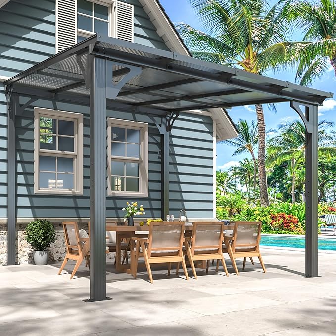 AirWire 10'x8' Wall-Mounted Lean to Gazebo with Aluminum Frame & Polycarbonate Panel, 8x10 FT Hardtop Pergola with Sloped Roof for Backyard, Porch, Deck