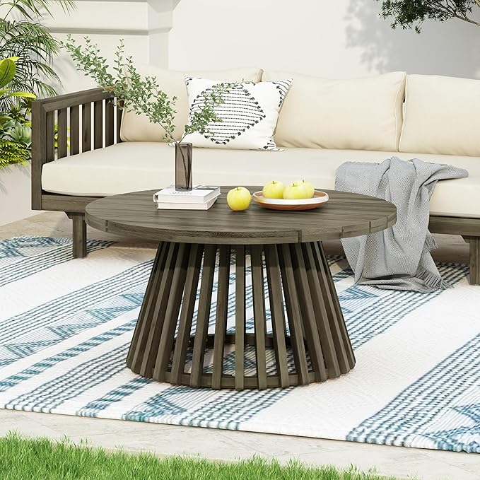 Outdoor Acacia Wood Patio Coffee Table, 31.50-inch Round Coffee Table,for Backyard, Lawn, Balcony (Grey-Coffee Table)