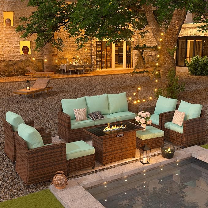 UDPATIO Patio Furniture Set with 44" Fire Pit Table, 8 Pieces Outdoor Sectional Conversation Sets, All-Weather Wicker Rattan Sofa Ottoman with 4" Thick Cushion for Garden Backyard Deck, Light Blue