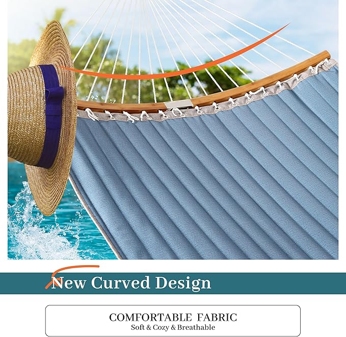 2 Person Hammock with Hanging Kits, Quilted Hammock for Tree with 2 Pcs Heavy Duty Stainless Steel S Hooks, 1 Detachable Pillow, Curved Spreader Bar,Chains, Carrying Bag,450 LBS Capacity