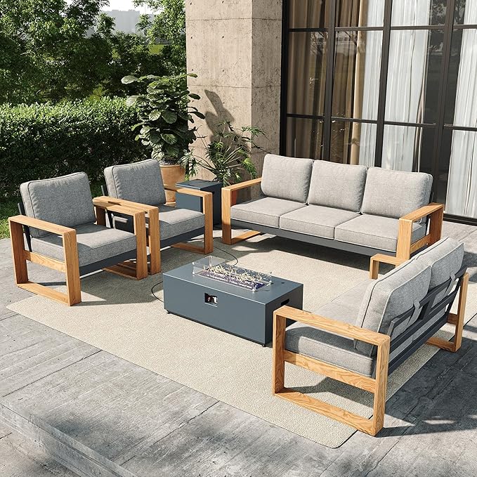 5 Pieces Aluminum Patio Furniture Set, Outdoor Conversation Sets with High Backrest Sofa and Fire Pit Table for Garden and Backyard