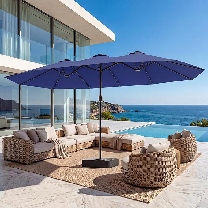 EO Living 13ft Large Patio Umbrella, Double-Sided Rectangle Outdoor Umbrella with Base Included, Table Umbrella for Poolside Deck Market (Navy Blue)