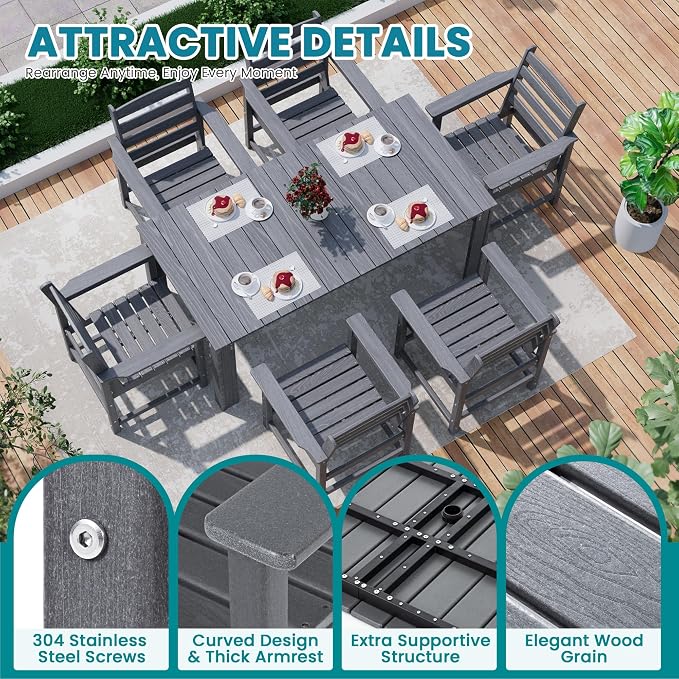 Dining Table Set, 10-Piece HDPE Outdoor Dining Set for 8, Gray | 2 Tables & 8 Chairs, 1.7" Umbrella Hole, 300 lb/Chair, Waterproof Wood-Grain Surface, 6-Box Delivery