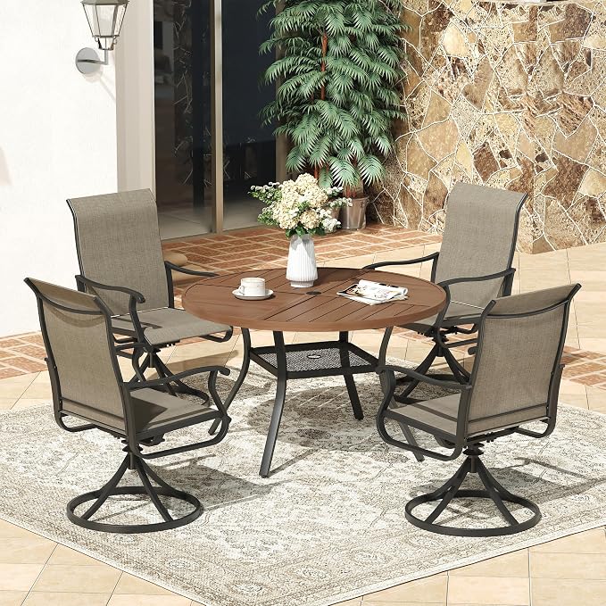 VICLLAX 40.6" Round Patio Dining Table for 4, All Weather Metal Outdoor Table with 1.57" Umbrella Hole and Storage Shelf for Garden Lawn Deck, Walnut