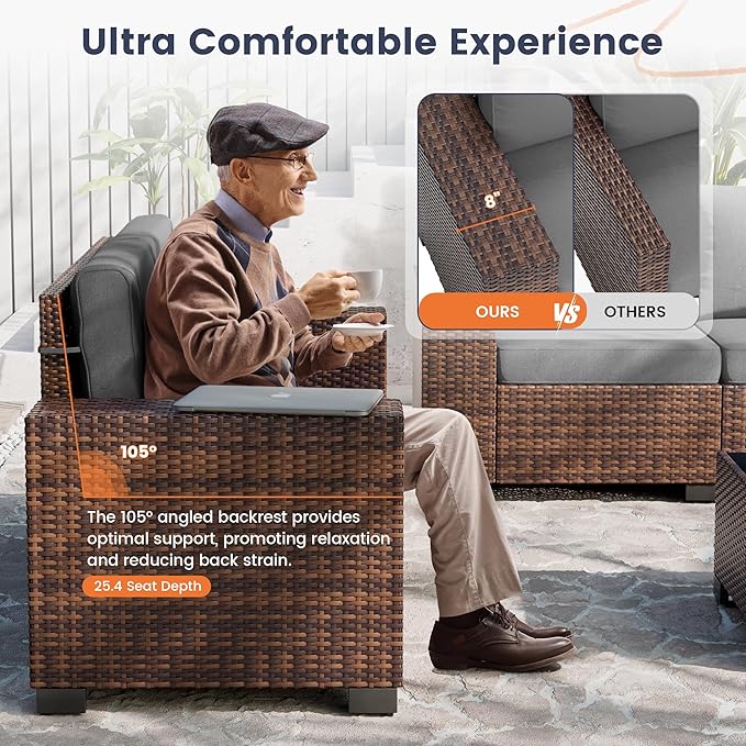 UDPATIO Patio Sectional Sofa with Fire Pit Table, 8 Inch Armrest 7-Piece Wicker Conversation with Waterproof Cover for Backyard Deck, Brown/Dark Grey