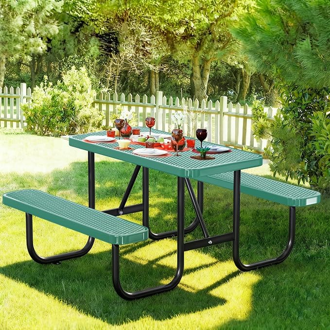 4FT/48IN Heavy Duty Outdoor Picnic Table and 2 Benches for 2-6 People, Weather Resistant Rectangular Steel Picnic Table Set with Umbrella Hole for Yard Patio Lawn Party Green