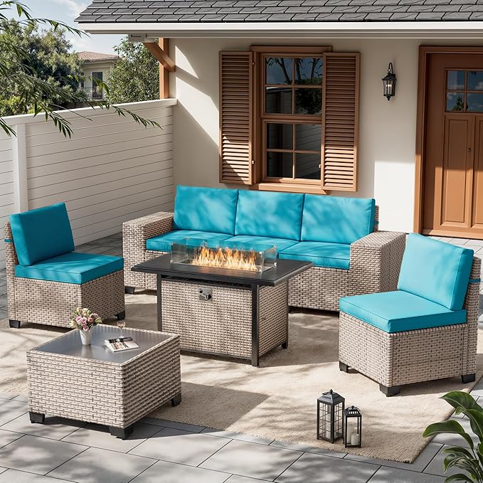7 Pieces Patio Furniture Set with Fire Pit Table, Outdoor Sectional Wicker Sofa with Thickened Cushions and Coffee Table, High Back Rattan Patio Conversation Sets, Cyan