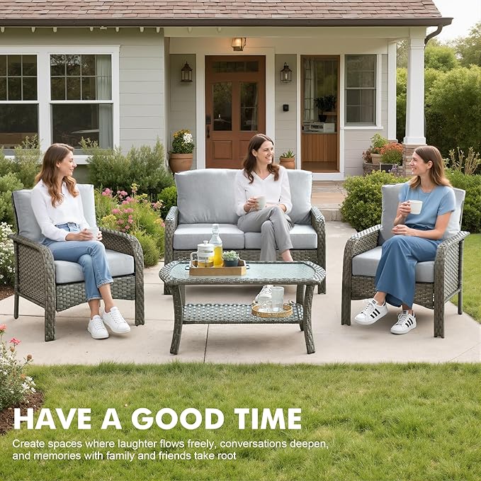 Weaxty Wicker Patio Furniture Set High Back Loveseat Sofa Couch Armchair Coffee Table, All Weather Rattan 4 Pieces Outdoor Conversation Sets for Patio Porch Deck Backyard Poolside, Gray