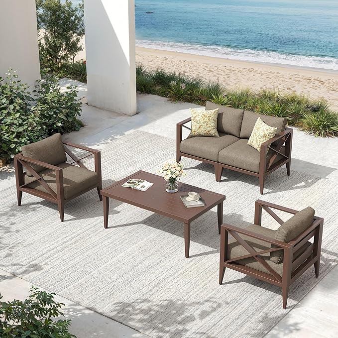 5-Piece Aluminum Patio Furniture Set, Oversized Outdoor Conversation Sofa Set with Coffee Table, Brown All-Weather Deep Seating, Rust-Proof Frame for Backyard, Deck, Porch, or Balcony
