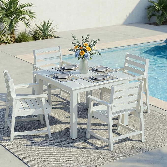 LOUNZY 5-Piece HDPE Patio Dining Set - Outdoor Square Table with 2" Hole Cut-Out & 4 Chairs,White
