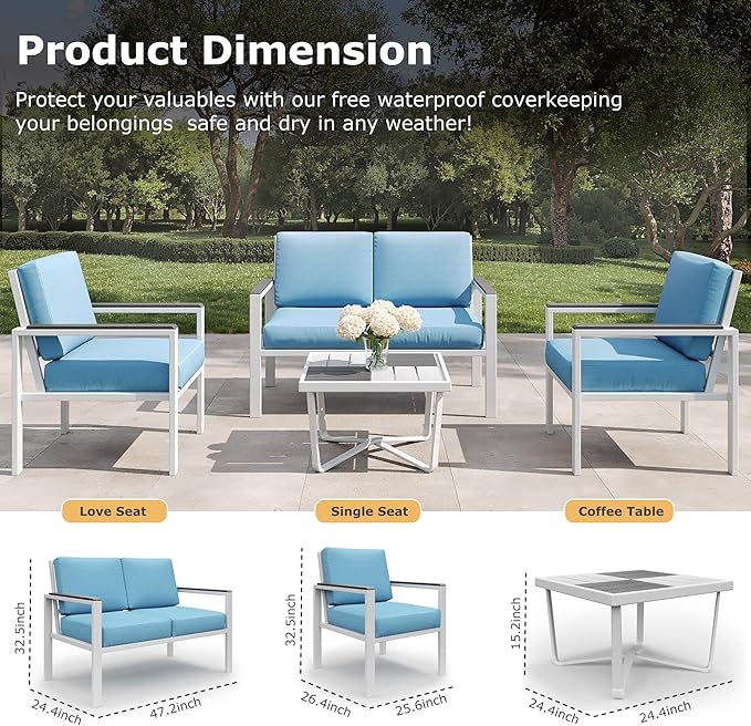 4-Piece Outdoor Patio Furniture Set, Metal Conversation Sofa Set with Deep Cushions & Wood-Like Armrests, Modern Patio Seating with Coffee Table for Garden, Porch, Balcony, Backyard (White)
