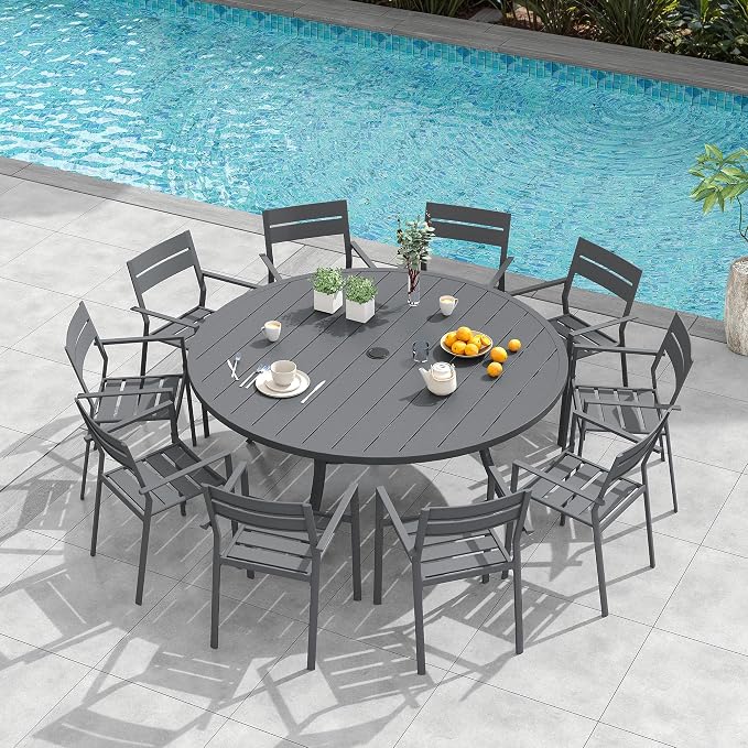 VICLLAX Patio 11 Pieces Outdoor Dining Set, Wrought Iron Metal Outdoor Table and Chairs Set, 60" Round Table with Umbrella Hole and 8 Stackable Chairs for Lawn, Garden, Porch, Dark Grey/Grey
