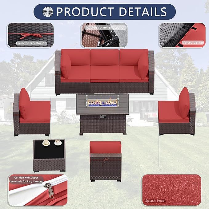 Outdoor Patio Furniture Set with Gas Fire Pit Table, 8 Pieces Outdoor Furniture Sets Patio Set Sofa w/43in Propane Fire Pit, PE Wicker Rattan Patio Conversation Sets - Red