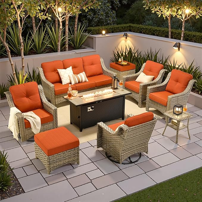 9 PCS Outdoor Patio Furniture Sets,Patio Conversation Sets Outside Rattan Soft Cushion Sofa with 2 Wicker Rocking Chairs & 54 in Fire Pit Table Fit Backyard Garden Poolside Balcony,Coarse Stripes Red