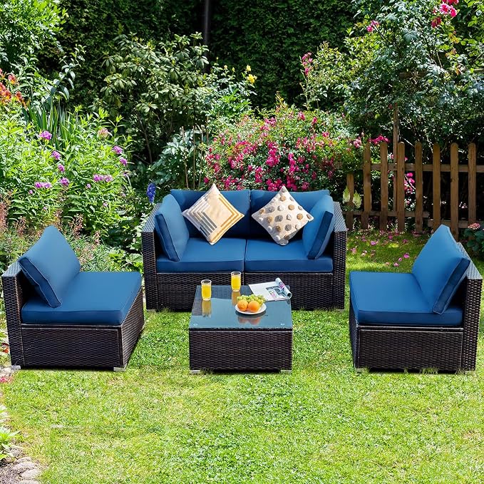 HAPPYGRILL 5 Pieces Patio Furniture Set Outdoor Rattan Wicker Sofa Set with Coffee Table Sectional Sofa Conversation Set with Pillows Cushions for Backyard Porch Garden Poolside