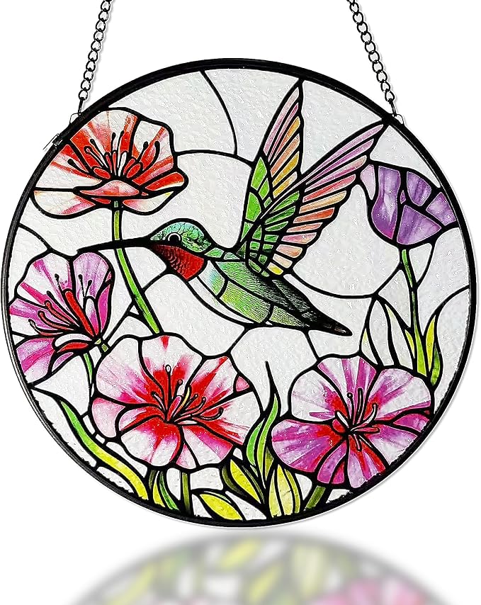 Hummingbirds Suncatcher Stained Glass, Hummingbird Suncatcher Ornament, Hummingbird Suncatcher for Grandma/Mom/Women (Red Flower Bird)