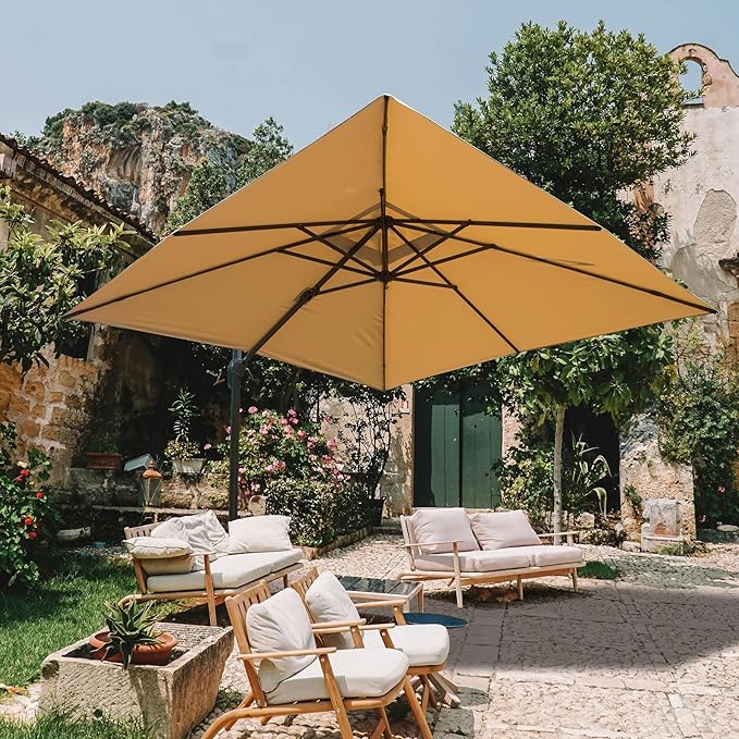 Domi 9’x9’ Cantilever Patio Umbrella, Aluminum Windproof Outdoor Umbrella with 360°Rotation, Square Offset Sun Shade Umbrella for Outside Deck Backyard Garden Pool, Beige