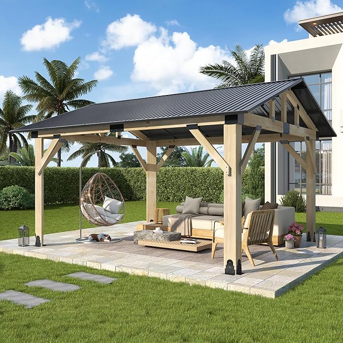 COVERONICS 13’x15’ Outdoor Hardtop Wood Gazebo - Patio Gazebo with Galvanized Steel Roof, Cedar Wooden Carport Gazebos for Garden, Porch, Patio and Deck