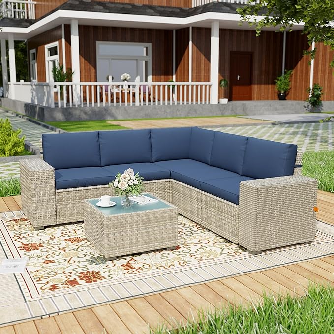 6 Piece Patio Furniture Set, 8" Wide Arm Sectional Sofa Set with Coffee Table, High-Back All-Weather Rattan Outdoor Conversation Set for Garden, Porch, Lawn, Blue