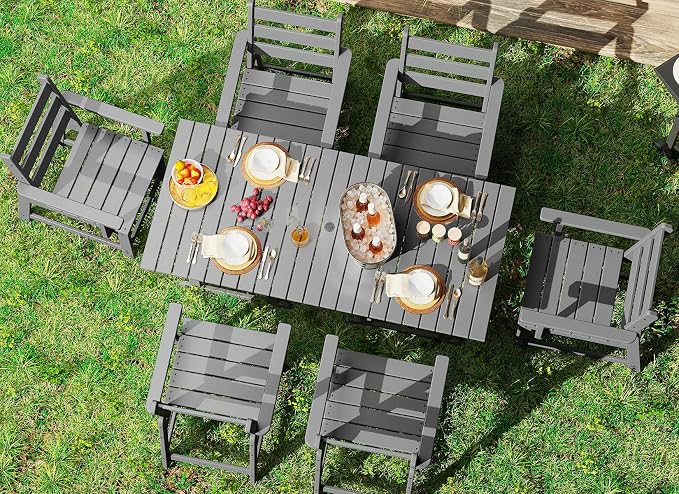 GREENVINES 7-Piece-Outdoor-Table-and-Chairs | HDPE | Patio Furniture | Dining Sets for 6 | Removable Armrests | All Weather | Connectable Tables | for Backyard Poolside Garden | Grey