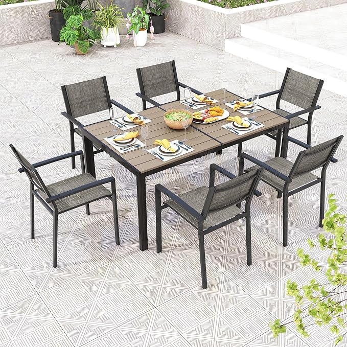 Tangkula Outdoor Rectangle Dining Table, 59” x 35” Large Outside Table with Metal Legs, Accommodate up to 6, Patio Weatherproof Table for Backyard, Garden, Poolside