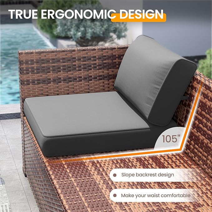 UDPATIO Patio Furniture Set,7 Pieces Outdoor Rattan Sectional Set,Modular Slanted Back Patio Conversation Set Heavy Duty Wicker Sofa for Backyard, Deck W/Coffee Table,4'' Thick Cushions,Cover,Grey
