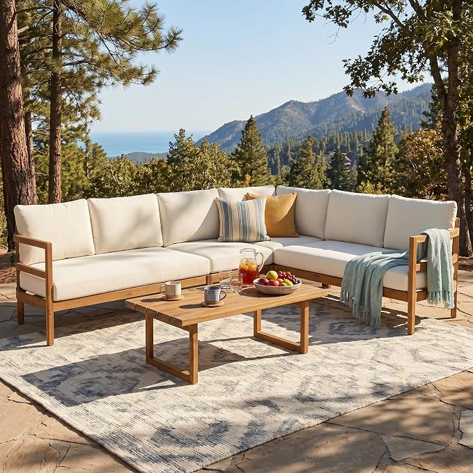 Christopher Knight Home Outdoor Acacia Wood 5 Seater Sectional Sofa Set with Thick Cushions Patio Conversation Set Modular Outdoor Seating with Coffee Table for Patio Deck Balcony Garden