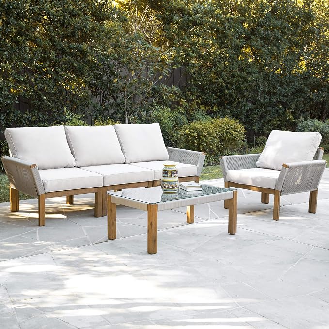 SEI Outdoor Patio Furniture - Brendina Outdoor Glass Top Cocktail Table - Transitional Design Natural Solid Wood - Ideal for Patio, Backyard (OD1089300)
