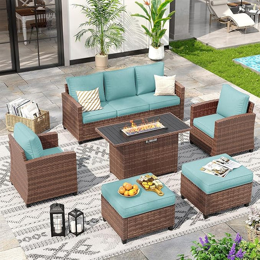 6 Pcs Patio Furniture Set with 44" Propane Gas Fire Pit Table, Rattan Outdoor Couch with Ottomans, 4" Thick Cushions for Backyard Garden Deck,Light Blue