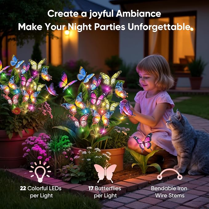 Solar Lights Outdoor Garden Decor: 6 Pack 102 Silk Butterflies with 132 Color-Changing LEDs - Auto On/Off 12H Magical Lighting IP65 Waterproof for Yard Patio Pathway - Unique Gifts for Mom Grandma