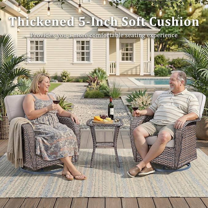 Patio Furniture Set, 5PCS Outdoor Wicker Conversation Set with 5" Thick Cushions, High Back Rattan Sofa & Swivel Rocker Chairs, Weather Resistant Olefin Fabric for Garden, Poolside Brown/Beige