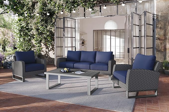 New Classic Furniture Fiji Aluminum Metal Patio Conversation Sets for 5 – Stylish Outdoor Patio Conversation Sets – Outdoor Furniture Sets for Balcony, Deck, or Small Outdoor Spaces