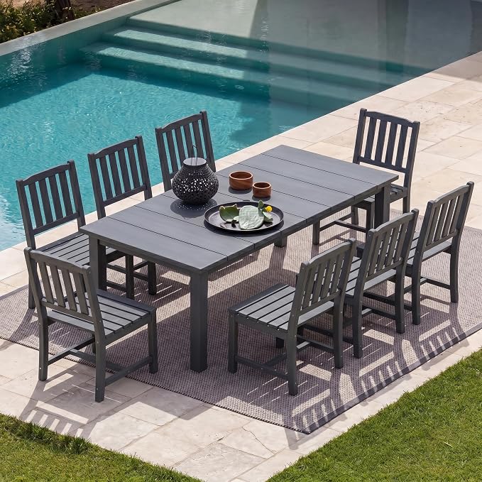 9-Piece HDPE Patio Dining Set for 8, 75.2" Table,Gray | HDPE material, umbrella hole design, weather-resistant patio furniture, perfect for yard, lawn, garden, balcony, deck