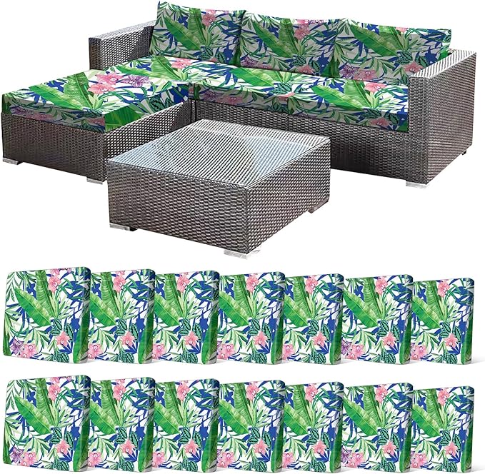 CALBODE 14 Pcs Outdoor Seat Cushion Covers, Stretch Chair Seat Cover for Patio Furniture Cushions Washable Reusable Indoor/Outdoor Couch Cover Replacement (Tropical Plant, Cover Only)