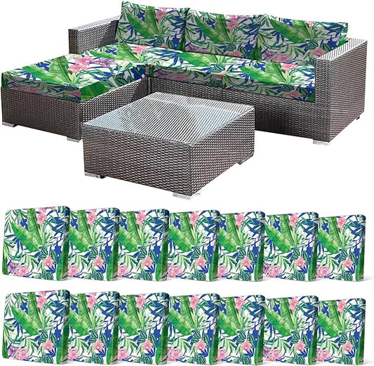 CALBODE 14 Pcs Outdoor Seat Cushion Covers, Stretch Chair Seat Cover for Patio Furniture Cushions Washable Reusable Indoor/Outdoor Couch Cover Replacement (Tropical Plant, Cover Only)