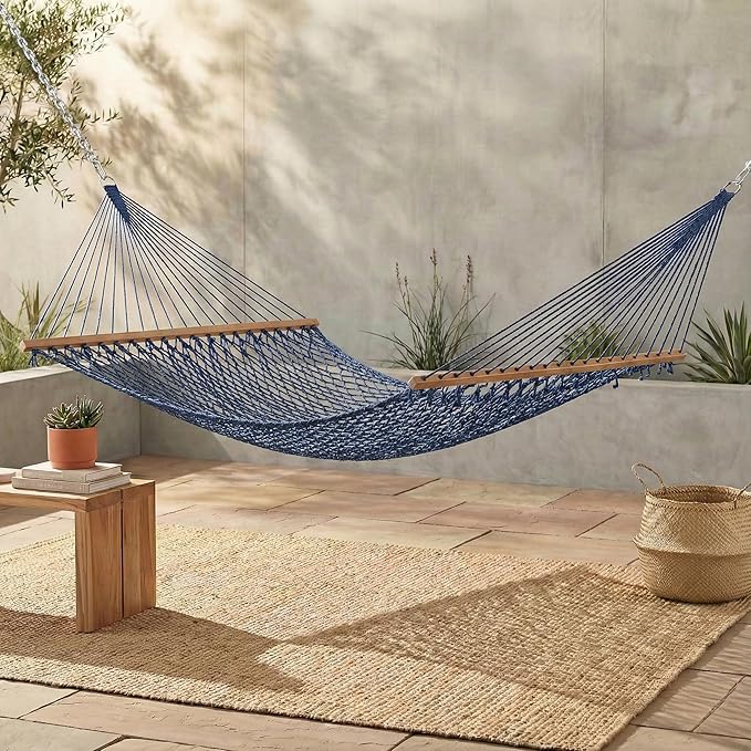 Fab Habitat Rope Recycled Polyester Hammock - Miami - Blue - Indoor/Outdoor, Quick Dry, 2 Person 400 lbs Capacity - Patio, Poolside, Backyard, Garden, Beach, Balcony - 12-14 ft Adjustable