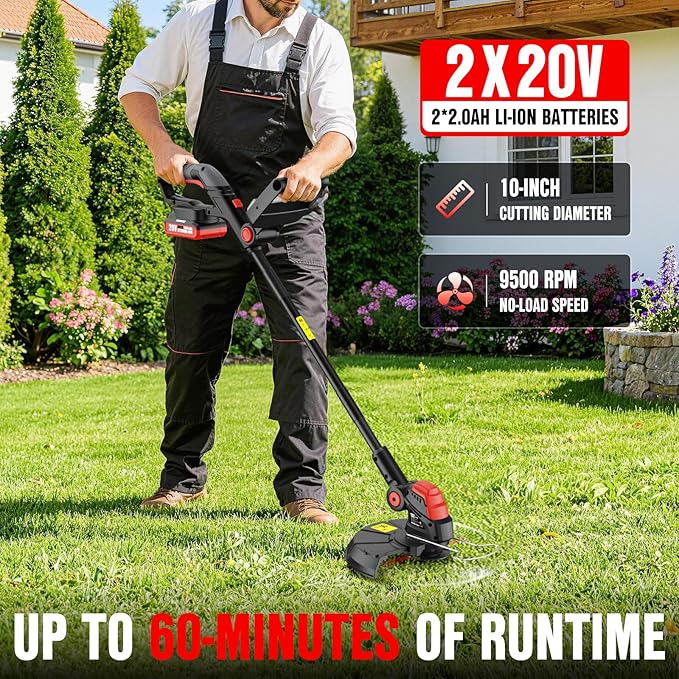 EWORK 20V Weed Wacker Cordless, Upgraded Cutter Blade, Weed Eater Battery Powered with 2×2.0Ah Batteries & Fast Charger, 10-Inch 2-in-1 Electric Grass Trimmer for Edger, Lawn, Garden