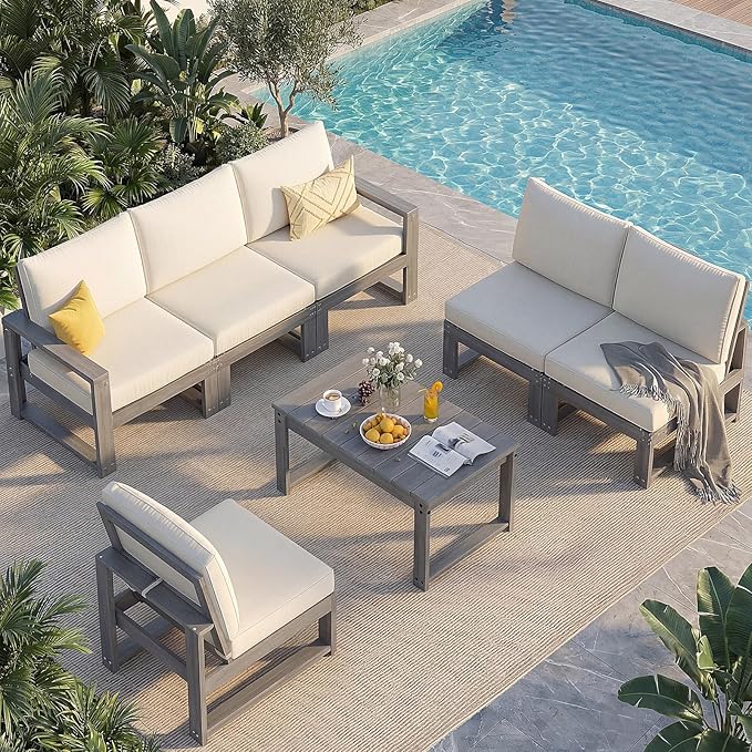 Patio Furniture Set, HDPE Sectional Outdoor Conversation Sets, 7-Piece Outdoor Couch Set with Deep Cushions, All-Weather Patio Sofa Set for Garden, Backyard, Porch, Grey