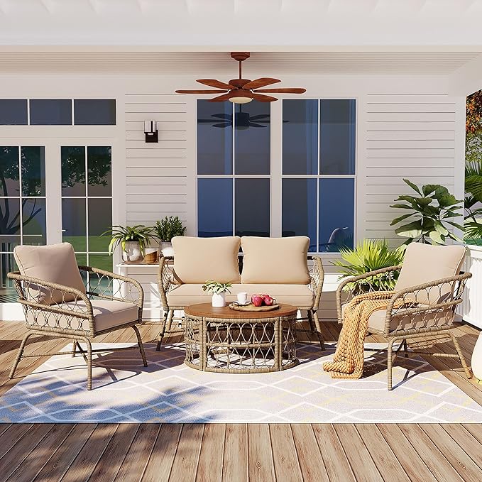 LUMISOL 4 Piece Patio Furniture Set, Outdoor Seating Group with Removable Cushions and a Coffee Table with Wooden Table Top, All Weather Patio Conversation Set for 4 Persons, Beige