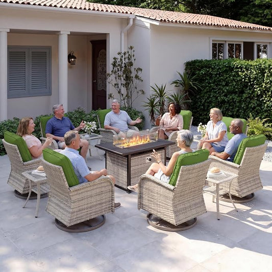 13Pcs Patio Rocking Swivel Chair with 55,000 BTU Fire Pit Table Outdoor Wicker Rattan Bistro Set with Tempered Glass Side Table, Patio Furniture Set for Garden and Balcony, Avocado Green